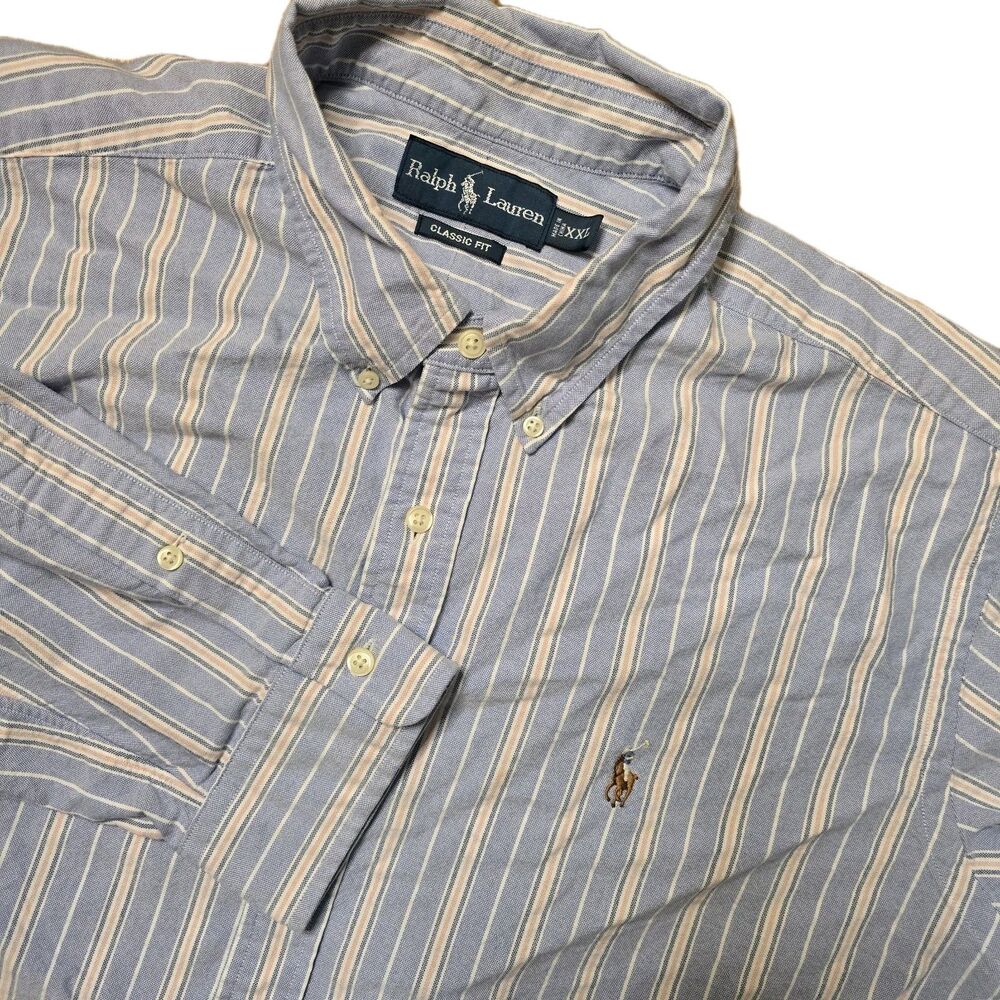 VTG Ralph Lauren Men's XXL Classic Fit Long Sleeve Button Up Blue Pink Striped